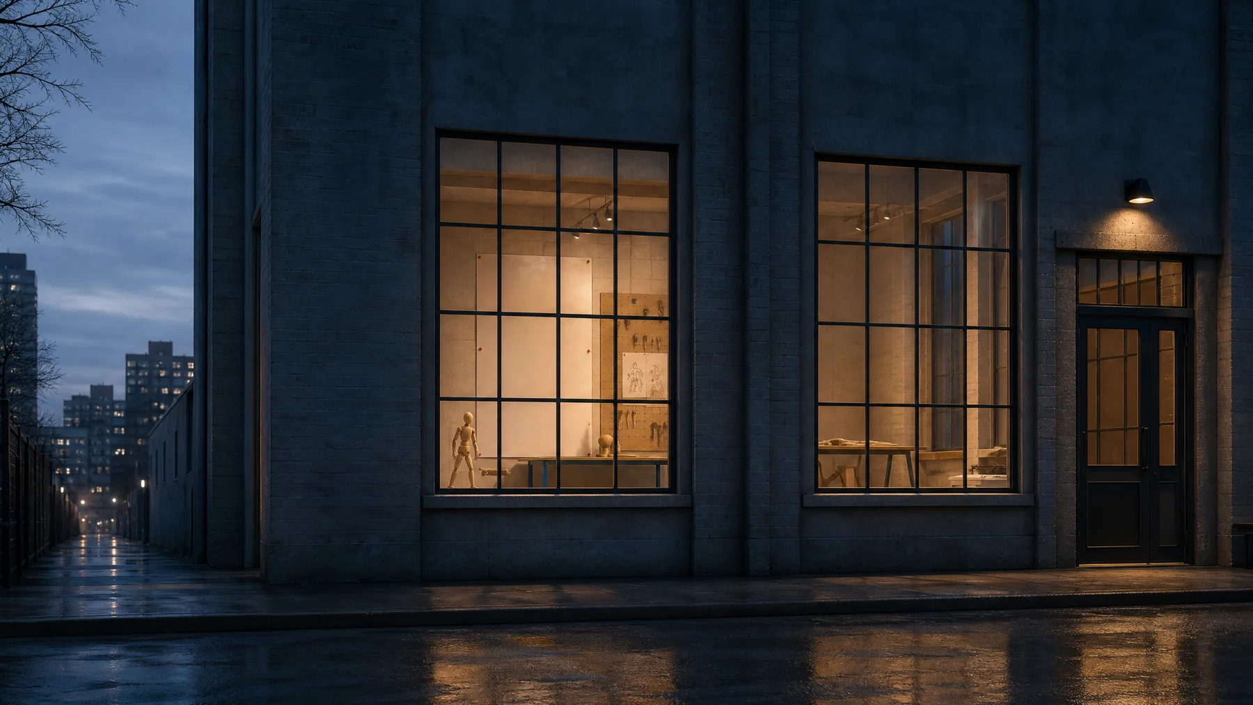 Animation workshop exterior at blue hour