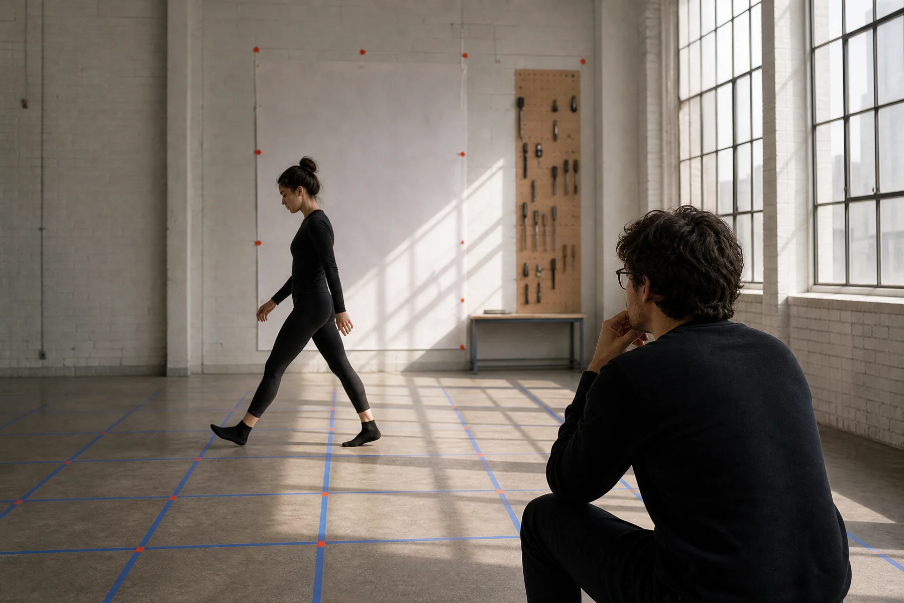 Performer walking on studio floor grid