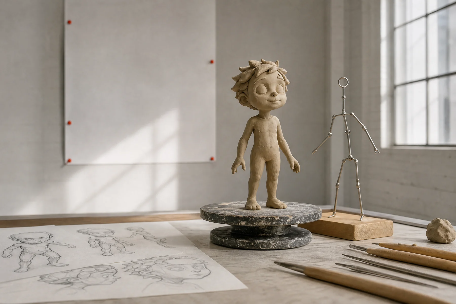 Clay character maquette on turntable