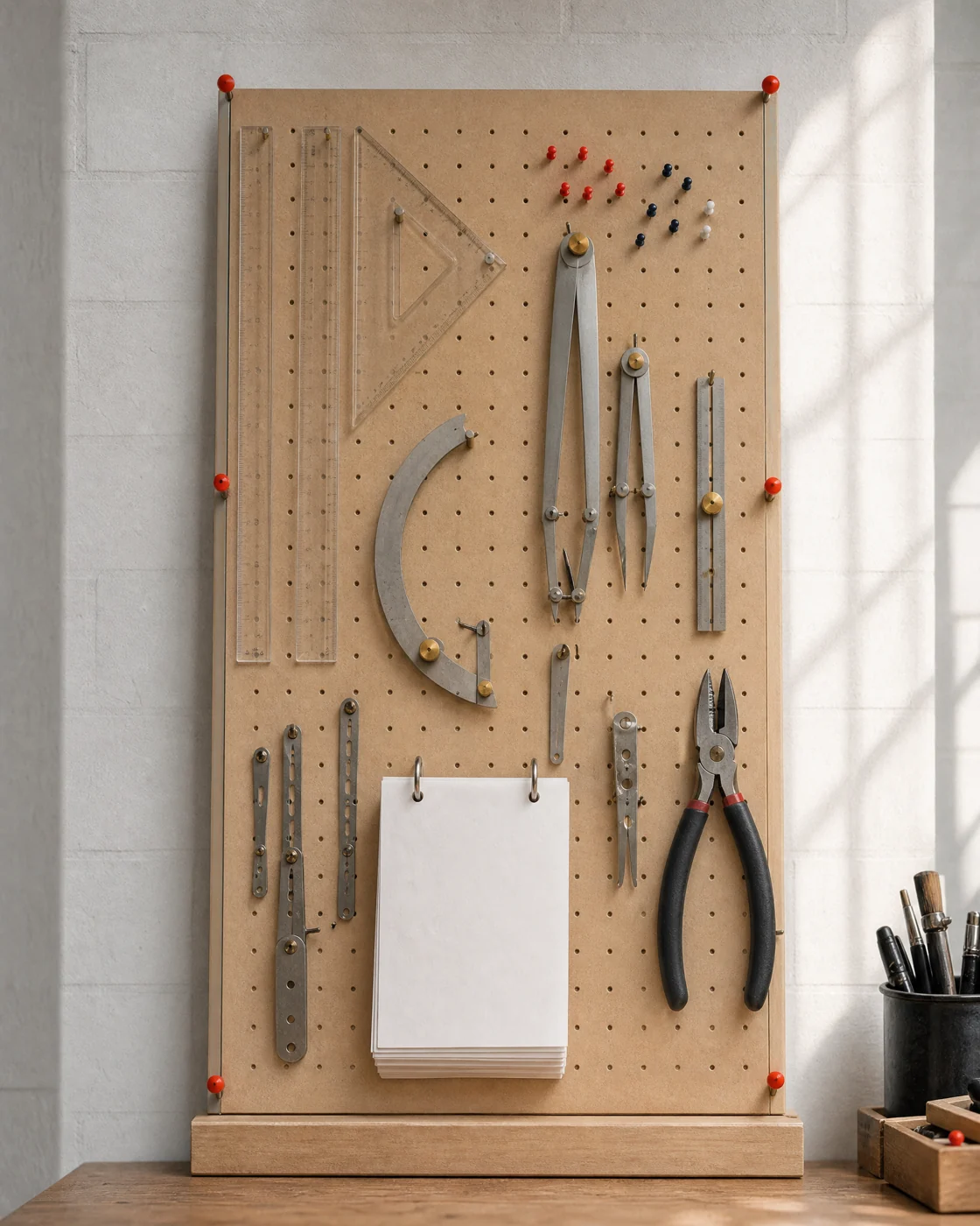 Animation tools on a pegboard